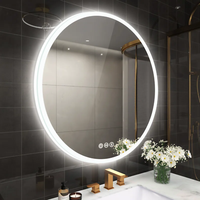 #ad Epperly Led Round Bathroom Mirror Led Mirror Defogging Bluetooth Speakers Di $266.97
