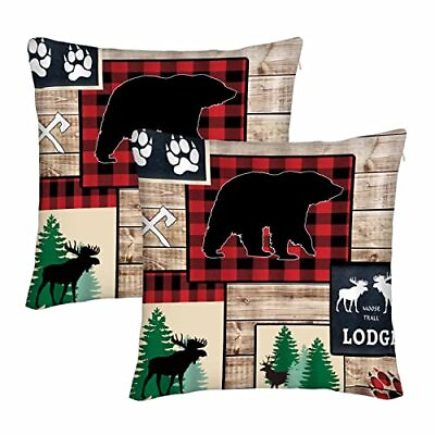#ad Animal Lodge Throw Pillow Covers Bear Moose Buffalo Plaid Band Deer Cabin Vin... $27.26