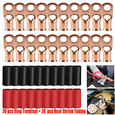 #ad #ad 40 pcs 1 0 AWG Gauge Copper Lugs w RED amp; BLACK Heat Shrink Ring Terminals Set $19.99