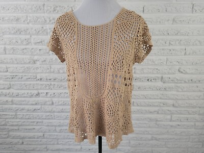 #ad Cato Womens Top 14W 16W Cap Sleeve Pullover Open Crochet Beige Cotton Casual $14.99