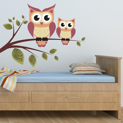 #ad Full Color Wall Decal Cute Owls On A Branch Wall Art Sticker Nursery Girl WSD218 $40.49