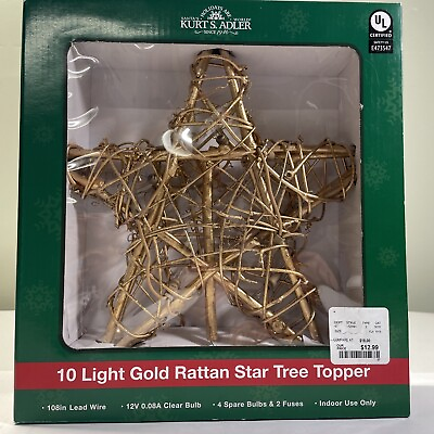 #ad KURT S. ADLER 10 Light Gold Rattan Star Tree Topper Boxed $12.76