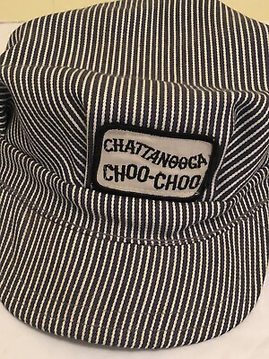 #ad Vintage Chattanooga Choo Choo Train Conductor Hat Fitted Patch Cap Striped ba1 $9.59