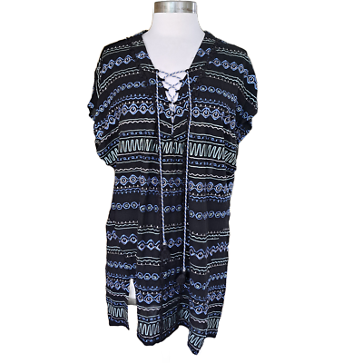 #ad GYPSY 05 Beachy Boho Embroidered Coverup Tunic Mini Dress Black Blue Size $39.99