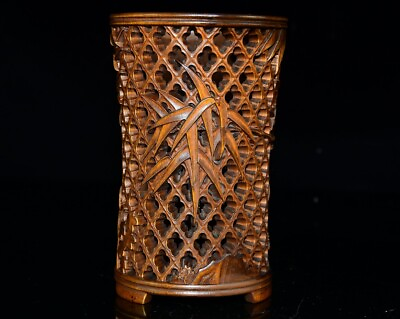 #ad Chinese Old Boxwood Carved Exquisite Bamboo Leaf Brush Pot Office Supplies Decor $109.99
