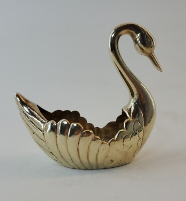 #ad Vintage Solid Brass Curved Neck Swan Figurine Planter Trinket Ring Dish 6quot; $19.99