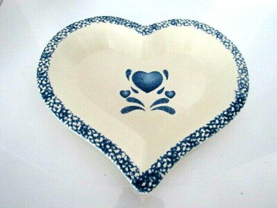 #ad Vintage Pottery Sponge Edged Heart Design Stoneware With Blue Accent 12quot; $14.16