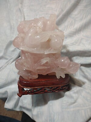 #ad ANTIQUE ASIAN CHINESE PINK JADE CARVED SPARROWS AND PEACHES ON CARVED WOOD STAND $199.99