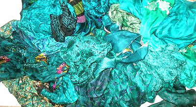 #ad BBI LOT PURE SILK Antique Vintage Sari REMNANT Fabrics 100 GRAMS Peacock Green $18.79