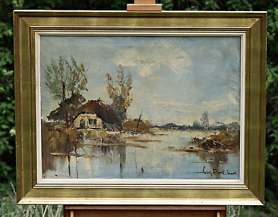 #ad LANDSCAPE WITH A COTTAGE BY THE WATER INTERESTING DUTCH OIL PAINTING EUR 199.00