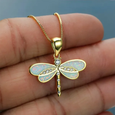 #ad White Opal Dragonfly Gold Pendant Necklace Cyrstal Beautiful Nature Elegant $14.99