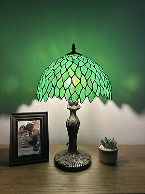 #ad Tiffany Style Table Lamp Green Leaves Stained Glass Included LED Bulb H19” $117.99