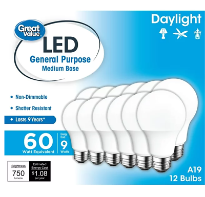 #ad Great Value LED Light Bulb 9W 60W Equivalent A19 General Purpose Lamp 12 Pack $14.73