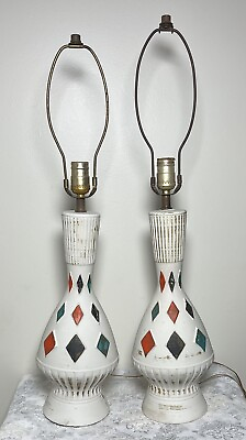#ad Vtg PAIR MCM Table Lamps Atomic Red Blue Green Diamonds Rare Find Retro Works $275.00