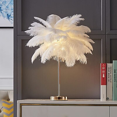 #ad White Ostrich Feather Lamp Modern Bedside Lamp Bedroom Table Lamp Home Ofice... $112.68