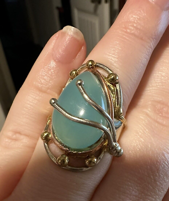 #ad Artisan Made Sterling Silver Over Brass Copper Green Chalcedony Adjustable Ring $125.00