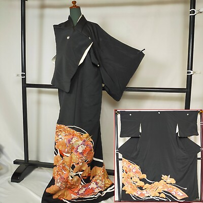 #ad Japanese Vintage Kimono Kurotomesode robe doressembroidered three phoenix 9280 $88.00