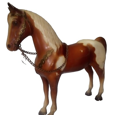 #ad 7quot; Breyer Horse Brown Ivory Pinto Pony Chain Reins And Western Saddle $40.00
