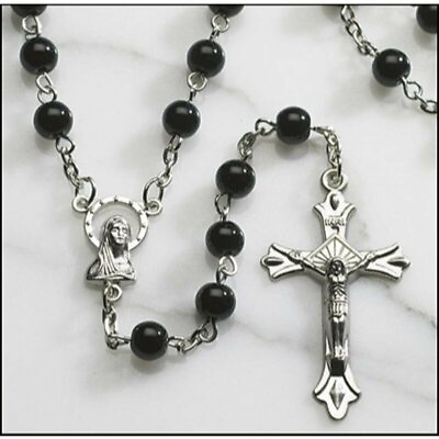 #ad Black Round Glass 6MM Beads Rosary 20quot; Length Crucifix Virgin Mary Medal $7.44