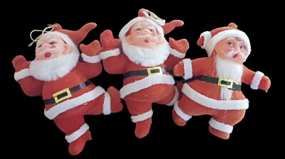 #ad Vintage Mid Century Christmas Tree Ornaments Flocked Santas Decorations Lot Of 3 $21.00