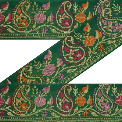 #ad Sanskriti Vintage Sari Border Craft Green Trim Embroidered 5quot;W Paisley Lace $8.75