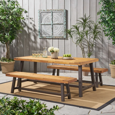 #ad Table Picnic Dining Set Party Outdoor Set Desk Garden Bench BBQ Teak Rustic Wood $538.93