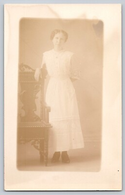 #ad Postcard RPPC Early 1900s Woman White Dress Posing Portrait Unposted 1904 1918 $3.35