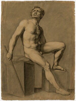 #ad 19th century academic male nude charcoal drawing c. 1820 French School academie $650.00