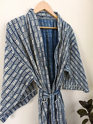 #ad Blue Floral Print Indian Cotton Kimono Cardigan Bath Robe Japanese Robe Coverup $33.99