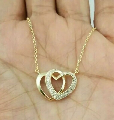 #ad 1.00 Ct Round Cut Moissanite Double Heart Shape Pendant 14K Yellow Gold Plated $90.99