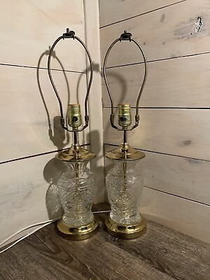 #ad Pair Of 2 Vintage LEVITON Lead Crystal Glass Table Lamps Gold Base Art Deco 20” $99.99