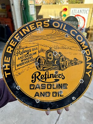 #ad RARE VINTAGE REFINERS 12” GASOLINE MOTOR OIL PORCELAIN GAS SIGN $165.00