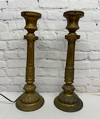 #ad Vtg Brass Table Lamps Ornate Column Classical 18.5” tall Pair $144.00
