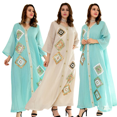 #ad Muslim Ramadan Dress Women Abaya Kaftan Loose Dubai Turkey Maxi Dress Moroccan C $66.32