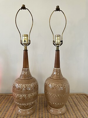 #ad Pair of beautiful beige tan MCM vintage 24quot; ceramic and wood table lamps $225.00