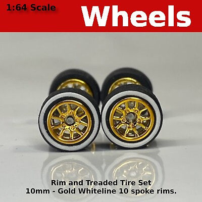 #ad 10 10mm Gold 10 Spoke Whiteline Treaded rubber tire set. for Hot Wheels $3.89