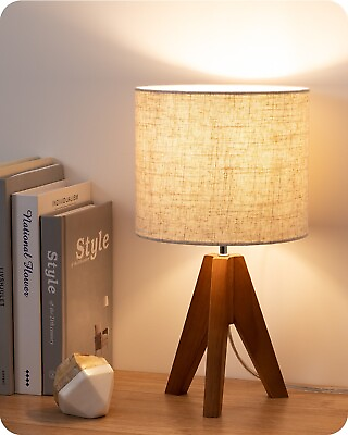 #ad EDISHINE Wood Tripod Small Table Lamp Nightstand Lamp Linen Beige Lampshade $35.99
