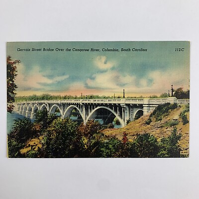 #ad Postcard South Carolina Columbia SC Gervais Street Bridge Cangaree 1940s Linen $1.00