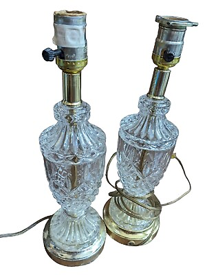 #ad Vintage Pair Cut Clear Crystal Glass Table Lamp Brass Gold Set Hollywood Regency $151.19