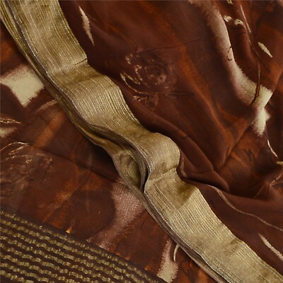 #ad Sanskriti Vintage Saree Brown Pure Georgette Silk Print Zari Border Sari Fabric $32.85