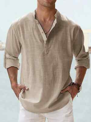 #ad Men Casual Shirt Long Sleeve Cotton Linen Beach T Shirt Lightweight NEW 8 COLORS $22.99