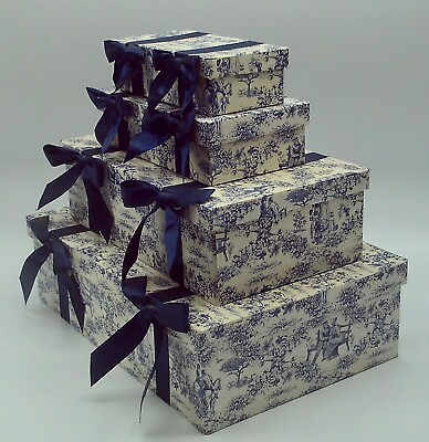 #ad Nesting Decorative Storage Boxes Blue amp; White Toile Cardboard Set of 4 $34.99