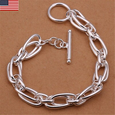 #ad 925 Sterling Silver Vintage Thick Chain Bracelet Elegant Unique Stylish Bangles $8.00