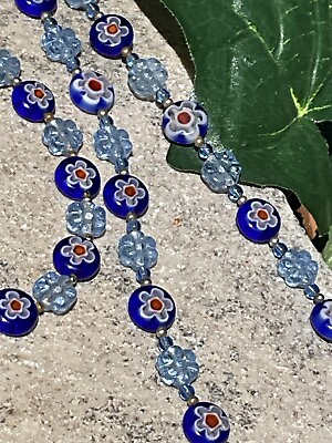 #ad Vintage Blue Millefiori Art Glass Flower Bead Necklace Bracelet Jewelry Set Lot $39.87