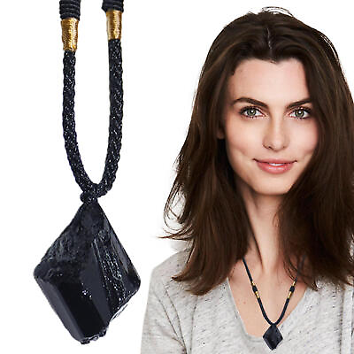 #ad Natural Obsidian Crystal Pendant Black Stone Charm Necklace Adjustable $7.64