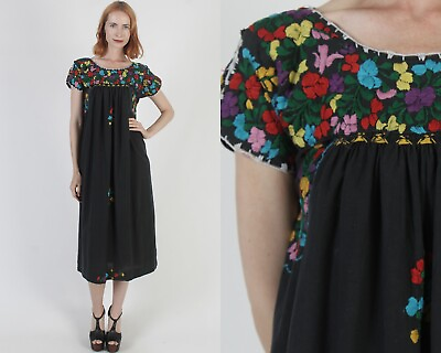 #ad Vtg Black Cotton Oaxacan Dress Hand Embroidered Puebla Mexican Fiesta Sundress $159.60