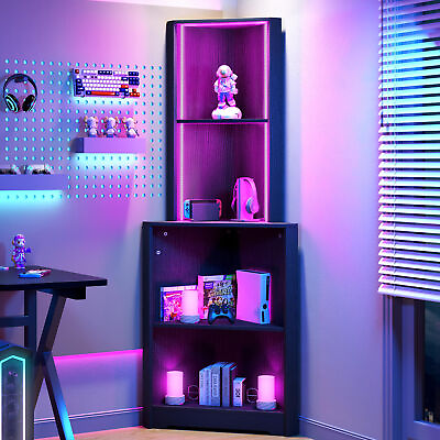 #ad Corner Shelf with LED Light Bookshelf Bookcase with Open Display Storage Rack $76.99
