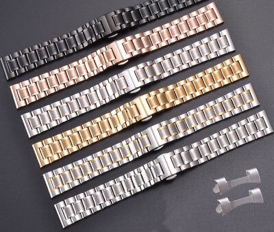 #ad Solid Stainless Steel Watch Band Butterfly Clasp Bracelet Strap w Curved Ends $12.99