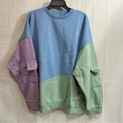 #ad Boohoo Women Colorblock Cargo Pocket Oversized Sweatshirt Blue Green Purple L $28.00