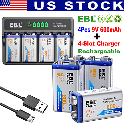 #ad 4Pcs Li ion 9V Rechargeable Battery Charger for 9 Volt Lithium ion Ni MH Ni CD $29.99